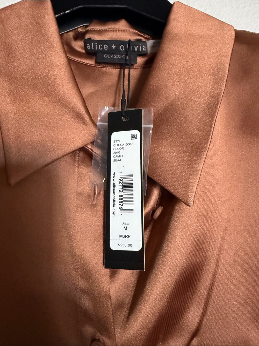 alice + olivia Camel Satin Button-Front Top - Picture 2 of 6